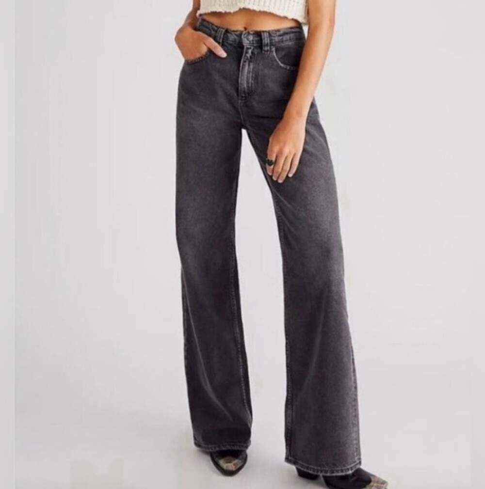 Free People Tinsley Baggy Wide Leg Jeans Washed Black Grey Size 26 2